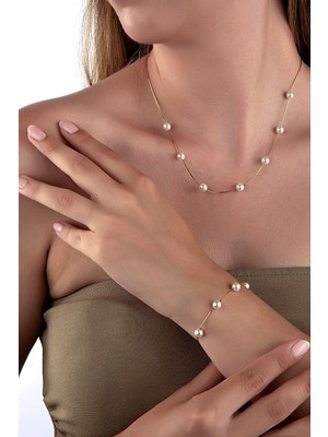 Altın Kaplama 925 Ayar Gümüş Yılan Zincirli Dağınık Incili Kolye