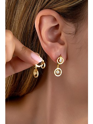 Altın Kaplama 925 Ayar Gümüş Sallantılı Halka ve Taş Detaylı Halka Küpe