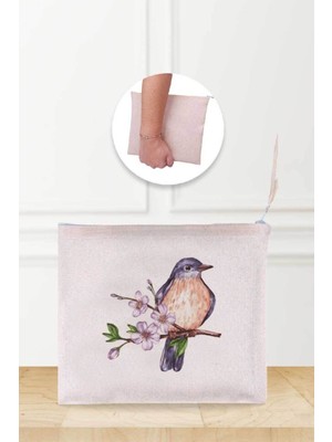 Çiçek ve Kuş Desenli Keten Makyaj Çantası, Şık ve Kullanışlı Tasarım