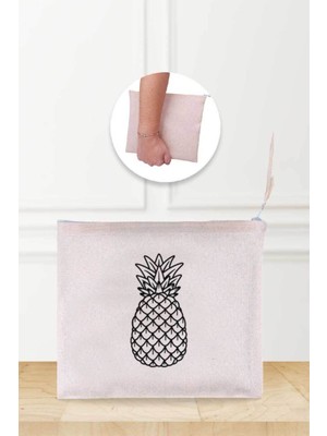 Pineapple Desenli Keten Makyaj Çantası, Bej Renkli, Zarif ve Şık Tasarım
