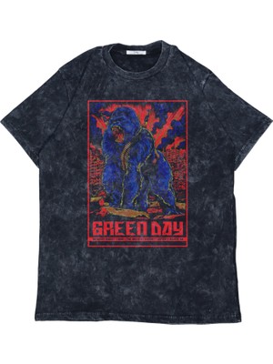 Oversize Greenday Goril Baskılı Yıkamalı T-Shirt, Unisex Rock Band Temalı Retro Tişört