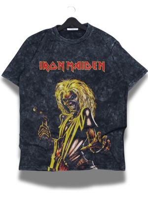 Oversize Horror Yellow  Iron Maiden Baskılı Yıkamalı T-Shirt, Unisex Rock Band Temalı Retro Tişört