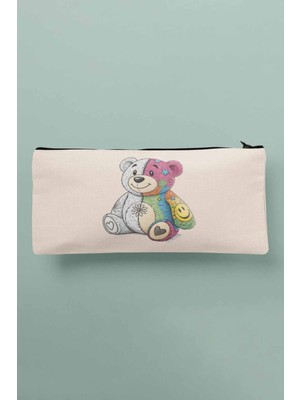 Renkli ve Siyah Ayıcık Baskılı Bez Makyaj, Kalemlik ve Cüzdan Seti