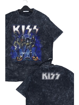 Oversize Kiss Pumpkin Ense Baskılı Yıkamalı T-Shirt, Unisex Rock Band Temalı Vintage Tişört
