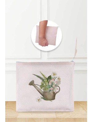 Şık ve Fonksiyonel Keten Makyaj Çantası, Saksı Desenli, Bej Renkli.