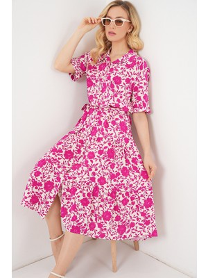 Kadın Kısa Kol Desenli Elbise 2560 - Fuşya