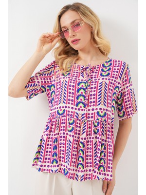 Kadın Desenli Kısa Kol Bluz 969 - Fuşya