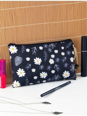 Yaprak Desenli Büyük Boy Fermuarlı Kalemlik ve Makyaj Çantası