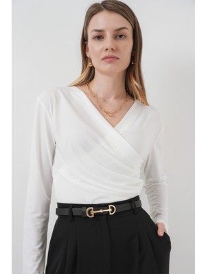 939 Anvelop Yaka Sandy Bluz - Beyaz