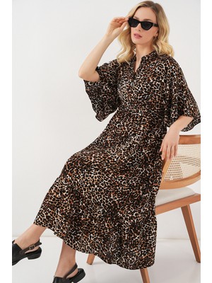 Kadın Desenli Kısa Kol Elbise 2562 - C. Kahverengi