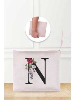 Bej N Harfli Desenli Keten Makyaj Çantası, Şık ve Kullanışlı Tasarım