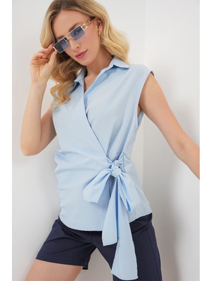 Kadın Sıfır Kol Anvelop Gömlek 20343 - Mavi