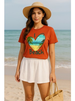 Kadın Beyaz Oversize Tişört – I Love Beach Baskılı Yazlık Pamuklu Kısa Kollu T-Shirt