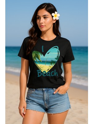 Kadın Beyaz Oversize Tişört – I Love Beach Baskılı Yazlık Pamuklu Kısa Kollu T-Shirt