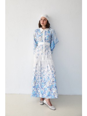 Flora Çiçekli Taş Düğmeli Kemerli Gömlek Elbise