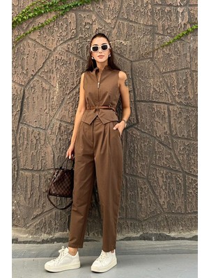 Modamesta Jayla Haki Premium Kemerli Kadın Yelek Pantolon Takım