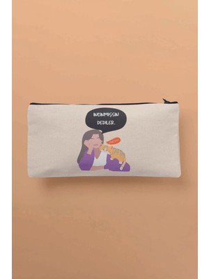 Şık Bej Baskılı Bez Makyaj Çantası, Kalemlik ve Cüzdan Uyumu
