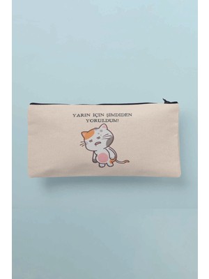 Şık Bej Baskılı Bez Makyaj ve Kalemlik Çantası, Cüzdan ile Kombinasyon