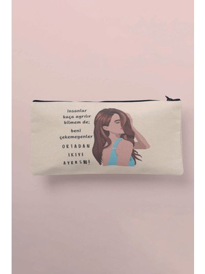 Bej Baskılı Çift Bölmeli Bez Çanta, Kalemlik ve Cüzdan Şeklinde Organizatör