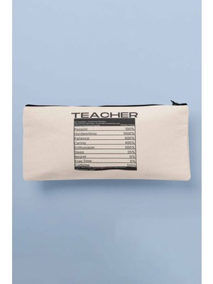 Baskılı Bez Makyaj Çantası Kalemlik Cüzdan Öğretmen Hediyeliği Bej Renk