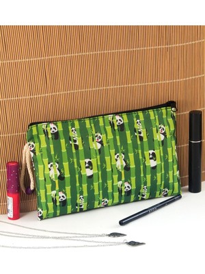 Yeşil Bambu Panda Desenli Fermuarlı Kalemlik ve Makyaj Çantası, Büyük Boy