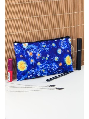 Yıldızlı Gece Desenli Büyük Boy Fermuarlı Kalemlik ve Makyaj Çantası, Mavi