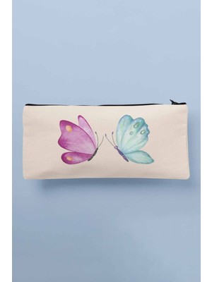Kelebek Baskılı Bez Makyaj Çantası, Kalemlik ve Cüzdan Şık Tasarım