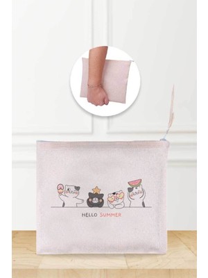 Şık ve Hafif Yaz Desenli Keten Makyaj Çantası, Bej Renk Seçeneği ile Tarzınıza Uyum Sağlar.