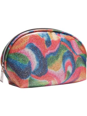 Pembe Simli Deri ve Eva Kaplı Kambur Makyaj Çantası