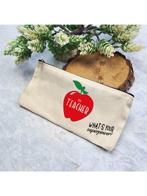 Öğretmenler Günü Hediyesi Bej Bez Kalemlik Çanta, Öğretmenlere Özel Sevgi Dolu Hediye