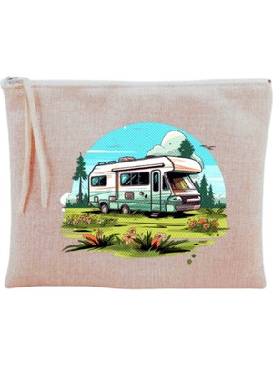 Doğada Karavan Baskılı Şık Makyaj Çantası Bej Renkli