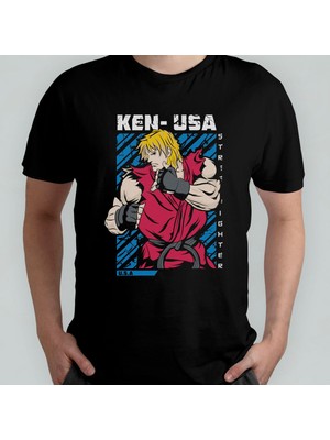 Street Fighter Ken Unisex %100 Pamuklu Bisiklet Yaka T-Shirt Model 1