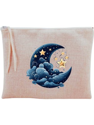 Ay ve Yıldızlar Temalı Şık Makyaj Çantası Bej Renkli