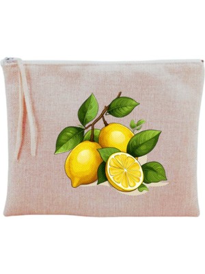 Şık Bej Limon Desenli Makyaj Çantası