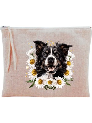 Papatyalı Köpek Desenli Şık Makyaj Çantası Bej Renkli