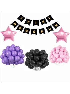 Siyah-Gold Banner+ Mor, Pembe, Siyah Balon Seti