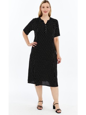 Siyah Beyaz Puantiyeli Kısa Kollu Viskon Yazlık Anne Elbisesi