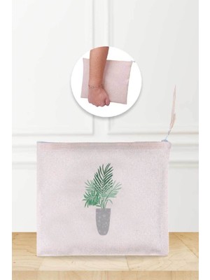 Ağaç Desenli Bej Keten Makyaj Çantası, Şık ve Kullanışlı Küçük Çanta