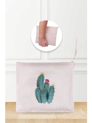 Yeşil Kaktüs Desenli Keten Makyaj Çantası, Şık ve Kullanışlı!