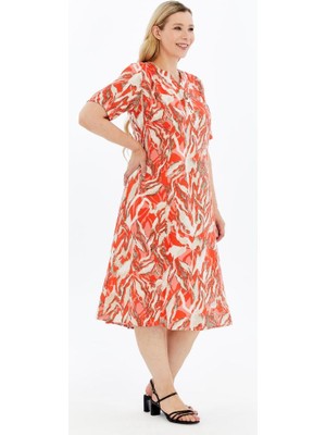 Turuncu Yaz Esintisi Desenli Kısa Kollu Viskon Yazlık Anne Elbisesi