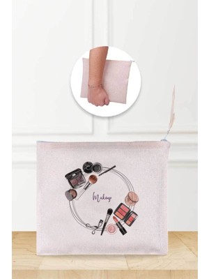 Desenli Keten Makyaj Çantası, Şık ve Pratik Taşıma Için Uygun.