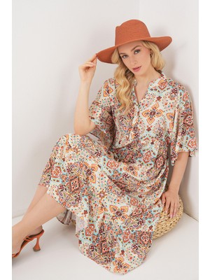 Kadın Desenli Kısa Kol Elbise 2562 - Kahverengi