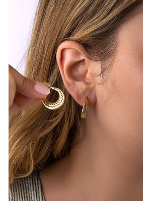 Innuendo Jewelry 925 Ayar Gümüş Altın kaplama Çizgili Oymalı Kafes Halka Küpe