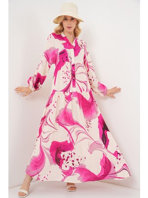 Kadın Desenli Uzun Tesettür Elbise 2585 - Fuşya