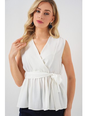 Kadın Kruvaze Yaka Kolsuz Bluz 966 - Beyaz