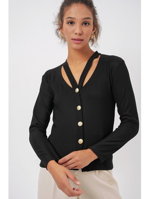 924 Düğmeli Basic Triko Hırka - Siyah