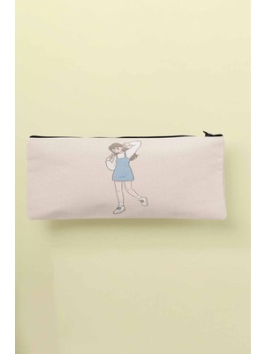 Sevimli Baskılı Bez Makyaj ve Kalemlik Çantası, Bej Renk