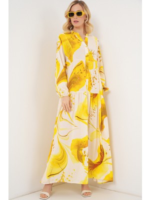 Kadın Desenli Uzun Tesettür Elbise 2585 - Sarı
