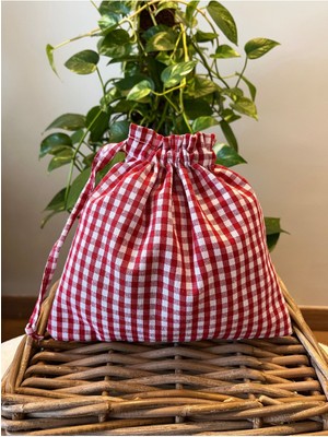 Kırmızı Pötikareli Keten Mini Bez Kese, Büzgülü Çanta Içi Düzenleyici, 20X20