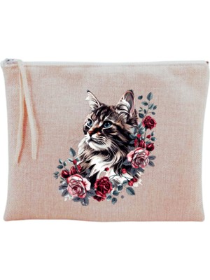 Güllü Kedi Desenli Şık Makyaj Çantası Bej Renkli